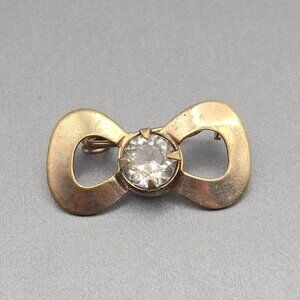 VTG Art Deco Bow Brooch 1" Gold Tone Clear Prong Set Rhinestone Center